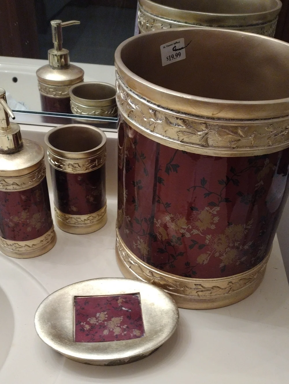 Set of 4 Gold & Burgundy Floral Bathroom Accessory Set lotion, soap dish, tumble